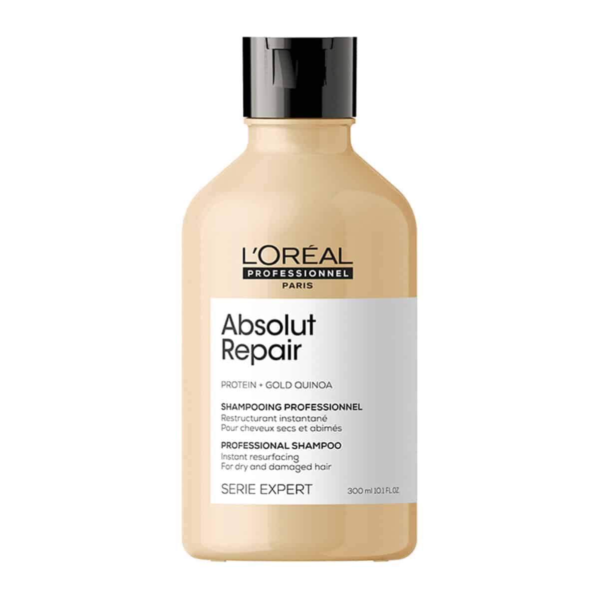 L'Oreal Professionnel Absolut Repair Shampoo 300ml Εμπλουτισμένη με GOLD QUINOA + ΠΡΩΤΕΪΝΗ, η επαγγελματική σύνθεση του Instant Resurfacing Shampoo καθαρίζει και αναδομεί αμέσως τα ταλαιπωρημένα μαλλιά, προσφέροντάς τους ανάλαφρη αίσθηση.