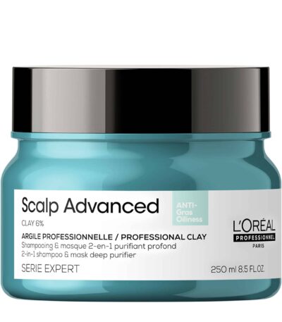 L'Oreal Professionnel Scalp A-Oily Μάσκα 250ml Anti-Oiliness 2-In-1 Deep Purifier Μάσκα Αργίλου Για Λιπαρά Μαλλιά - Scalp Advanced Ευέλικτη μάσκα αργίλου πολλαπλών χρήσεων. Μπορεί να χρησιμοποιηθεί είτε ως σαμπουάν για απομάκρυνση των καταλοίπων, του ιδρώτα και του σμήγματος, είτε ως μάσκα για βαθιά εξυγίανση.