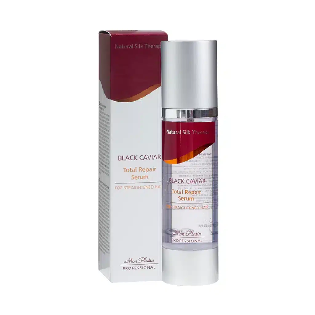 Mon Platin Black Caviar Total Repair Straightening Serum for Straingthened Hair 100ml Ορός Ενίσχυσης για Ίσια Μαλλιά Ορός ενίσχυσης της δομής της τρίχας. Μοναδική φόρμουλα εμπλουτισμένη με μαύρο χαβιάρι και πρωτεΐνη μεταξιού. Ιδανική για χρήση μετά την ισιωτική (ιαπωνική-κερατίνης-γαλλική-μόνιμη-καθημερινή)