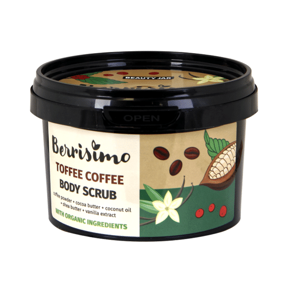 Beauty Jar Berrisimo "Coffee Toffee" Body Scrub 350gr Με σκόνη από καφέ + βούτυρο κακάο + έλαιο καρύδας+ shea butter + εκχύλισμα βανίλιας Εγκεκριμένα συστατικά από τον οργανισμό COSMOS-standard. 0% επιβλαβή συστατικά. Κατάλληλα για Vegan & Cruelty Free.