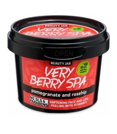Beauty Jar “VERY BERRY SPA” Peeling προσώπου & χειλιών με Βιταμίνη C Με εκχύλισμα Ροδιού,  Άγριου Τριαντάφυλλου και βιολογική Ζάχαρη, για όλους τους τύπους επιδερμίδας. 95,2% φυσικά συστατικά Χωρίς SLS, Parabens και πειράματα σε ζώα.
