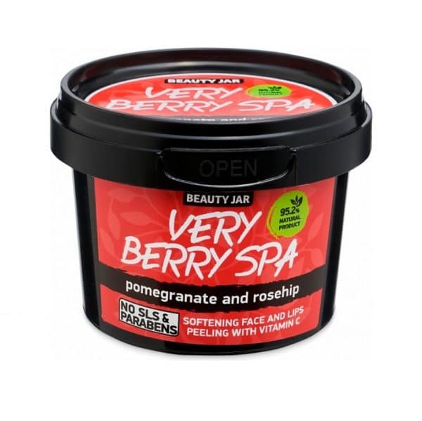 Beauty Jar “VERY BERRY SPA” Peeling προσώπου & χειλιών με Βιταμίνη C Με εκχύλισμα Ροδιού,  Άγριου Τριαντάφυλλου και βιολογική Ζάχαρη, για όλους τους τύπους επιδερμίδας. 95,2% φυσικά συστατικά Χωρίς SLS, Parabens και πειράματα σε ζώα.