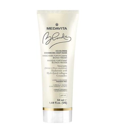 Medavita Blondie Ice Bonding μάσκα ενίσχυσης χρώματος για ξανθά μαλλιά 150ml. Προστατεύει και ενισχύει τους ψυχρούς τόνους, δίνοντας στη δομή ανανεωμένο σώμα.