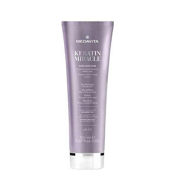 Medavita Keratin Miracle Sleek Hair Mask 150ml Mάσκα εξαιρετικής λείανσης που χαλαρώνει την ίνα της τρίχας. Διατηρεί την ενυδάτωσή της.
